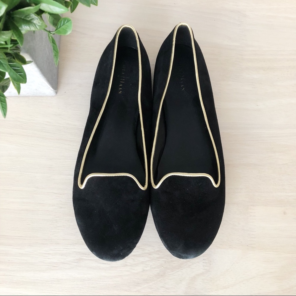 Cole Haan Dana Slipper Black Gold Suede Loafers